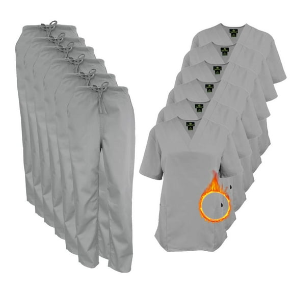 M&M SCRUBS Women Scrub Set V-Neck Medical Scrub Tops and Drawstring Pants - Pack of 6 Set (Grey, Medium)