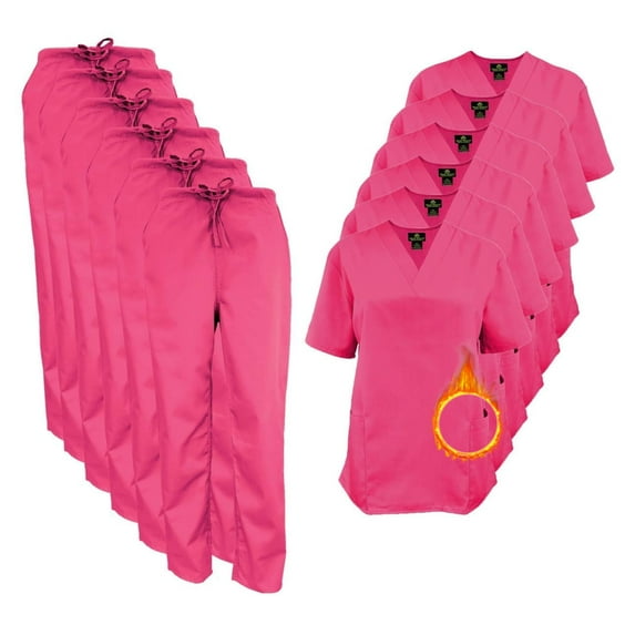 M&M SCRUBS Women Scrub Set V-Neck Medical Scrub Tops and Drawstring Pants - Pack of 6 Set (Hot Pink, XX-Large)