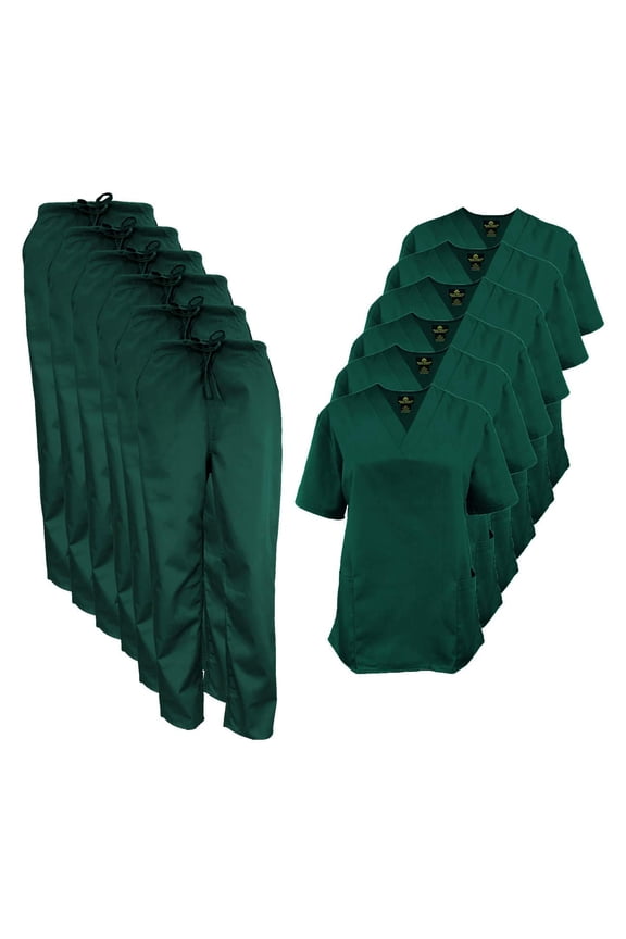 Women Scrub Set V-Neck Medical Scrub Tops and Drawstring Pants - Pack of 6 Set (Hunter Green, XX-Small)