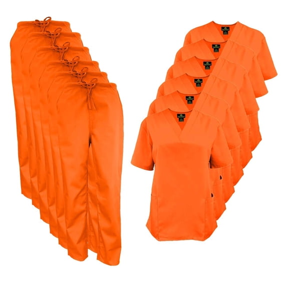 M&M SCRUBS Women Scrub Set V-Neck Medical Scrub Tops and Drawstring Pants - Pack of 6 Set (Orange, 4X-Large)