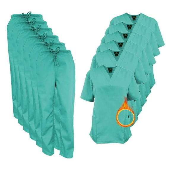 M&M SCRUBS Women Scrub Set V-Neck Medical Scrub Tops and Drawstring Pants - Pack of 6 Set (Sergical Green, Large)