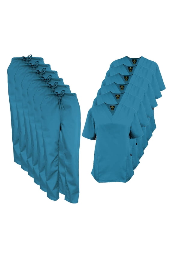 Women Scrub Set V-Neck Medical Scrub Tops and Drawstring Pants - Pack of 6 Set (Teal, 4X-Large)