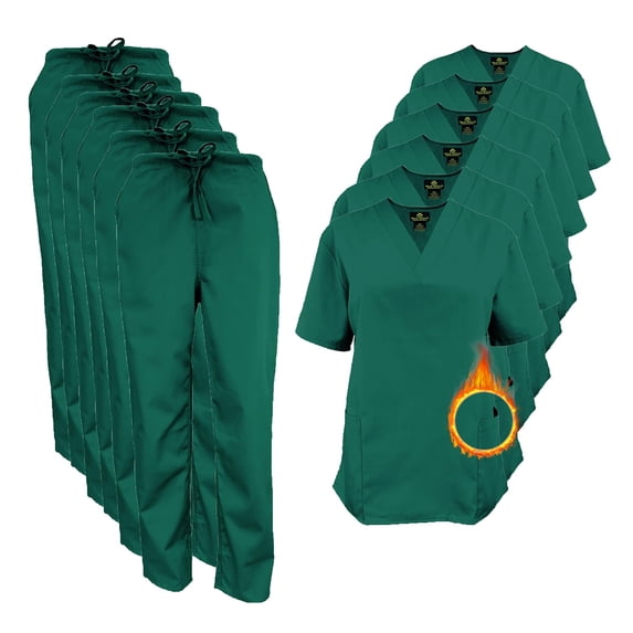 M&M SCRUBS Women Scrub Set V-Neck Medical Scrub Tops and Drawstring Pants - Pack of 6 Set (True Hunter Green, X-Small)
