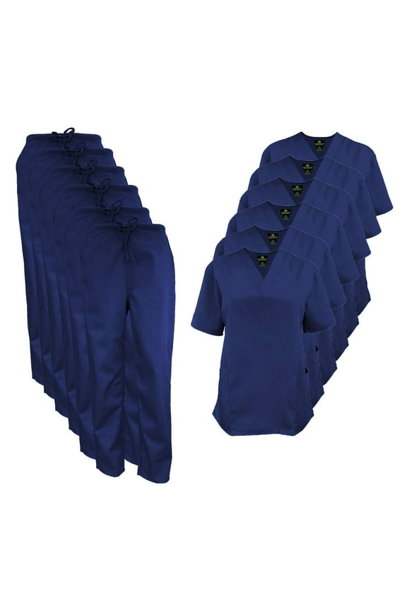 Women Scrub Set V-Neck Medical Scrub Tops and Drawstring Pants - Pack of 6 Set (True Navy Blue, 5X-Large)