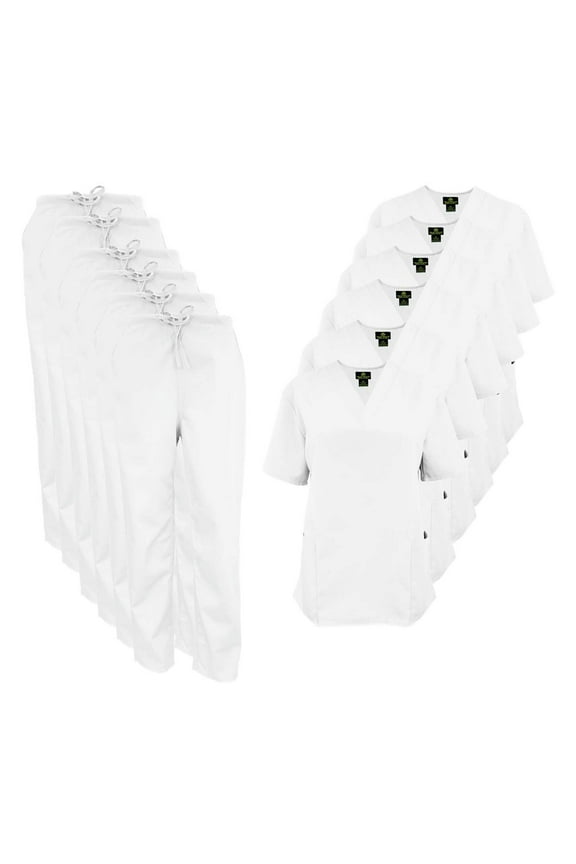 Women Scrub Set V-Neck Medical Scrub Tops and Drawstring Pants - Pack of 6 Set (White, 4X-Large)