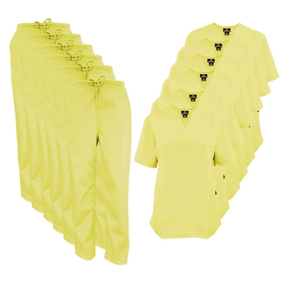 M&M SCRUBS Women Scrub Set V-Neck Medical Scrub Tops and Drawstring Pants - Pack of 6 Set (Yellow, 4X-Large)