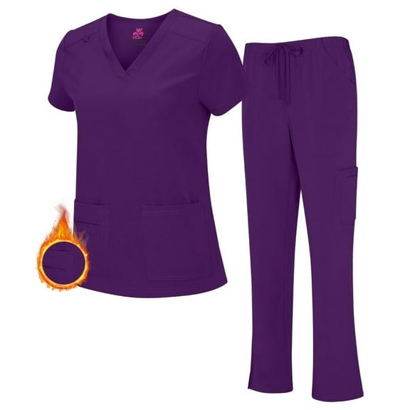 M&M SCRUBS Women's Breathable Cool Stretch Fabric Scrub Top and cargo Pant Set (Eggplant, Large)