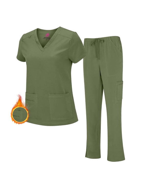 Women's Breathable Cool Stretch Fabric Scrub Top and cargo Pant Set (Olive, 2X-Large)