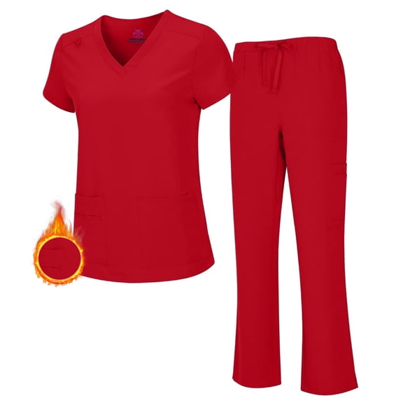 M&M SCRUBS Women's Breathable Cool Stretch Fabric Scrub Top and cargo Pant Set (Red, 2X-Large)