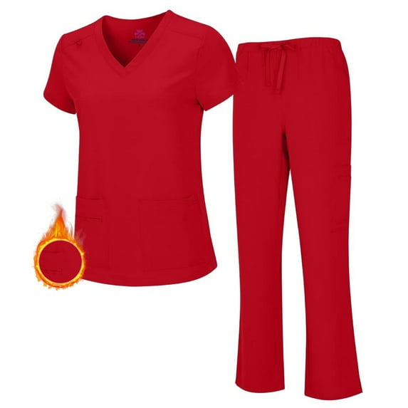 M&M SCRUBS Women's Breathable Cool Stretch Fabric Scrub Top and cargo Pant Set (Red, Medium)