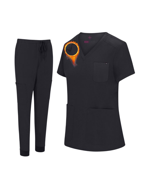 Women's Essential Jogger Scrub Set Nursing Uniform 10 Pockets Stretch Scrub Top and Pant (Black, Medium)