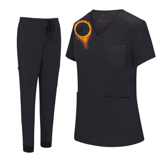 M&M SCRUBS Women's Essential Jogger Scrub Set Nursing Uniform 10 Pockets Stretch Scrub Top and Pant (Black, X-Large)