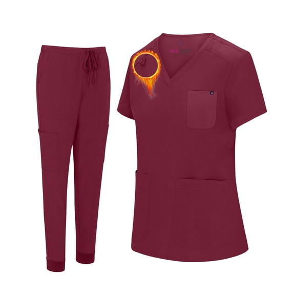 M&M SCRUBS Women's Essential Jogger Scrub Set Nursing Uniform 10 Pockets Stretch Scrub Top and Pant (Burgundy, Medium)