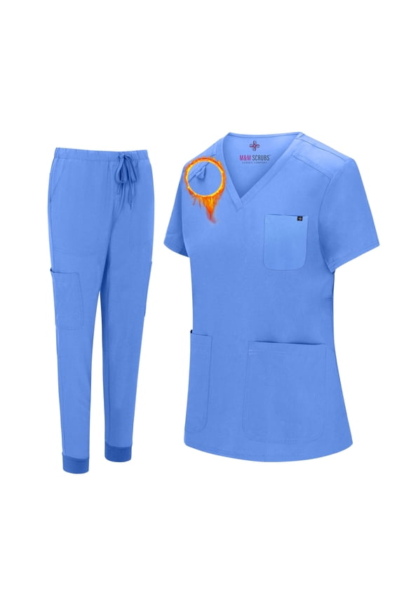 Women's Essential Jogger Scrub Set Nursing Uniform 10 Pockets Stretch Scrub Top and Pant (Ceil Blue, X-Large)