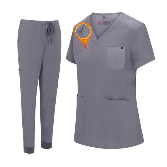 M&M SCRUBS Women's Essential Jogger Scrub Set Nursing Uniform 10 Pockets Stretch Scrub Top and Pant (Charcoal, Small)