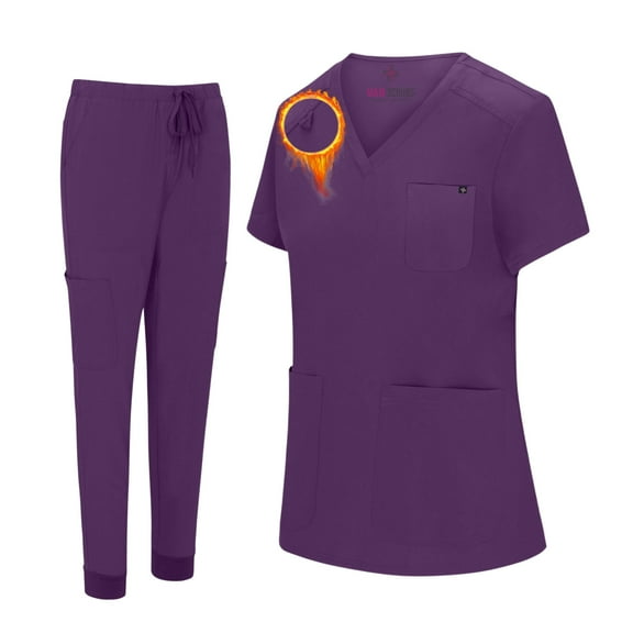 M&M SCRUBS Women's Essential Jogger Scrub Set Nursing Uniform 10 Pockets Stretch Scrub Top and Pant (Eggplant, X-Small)