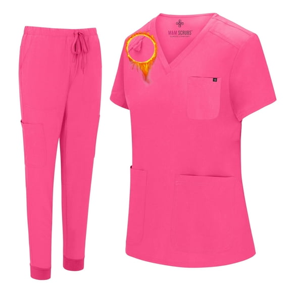 M&M SCRUBS Women's Essential Jogger Scrub Set Nursing Uniform 10 Pockets Stretch Scrub Top and Pant (Hot Pink, Small)