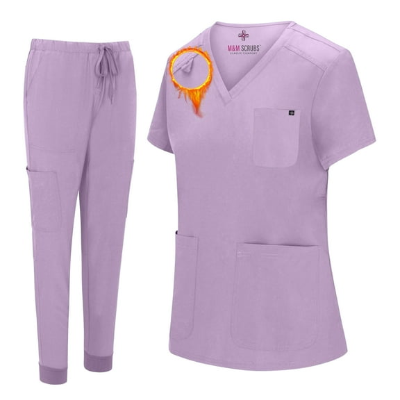 M&M SCRUBS Women's Essential Jogger Scrub Set Nursing Uniform 10 Pockets Stretch Scrub Top and Pant (Lavender, Medium)