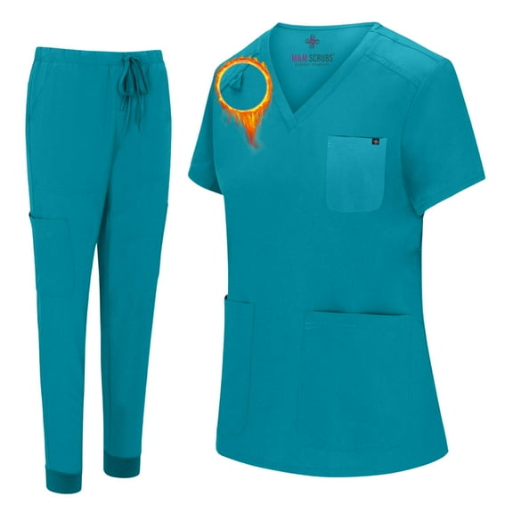 M&M SCRUBS Women's Essential Jogger Scrub Set Nursing Uniform 10 Pockets Stretch Scrub Top and Pant (Teal, 3X-Large)