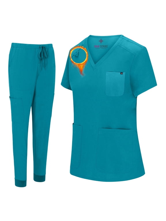 Women's Essential Jogger Scrub Set Nursing Uniform 10 Pockets Stretch Scrub Top and Pant (Teal, Large)