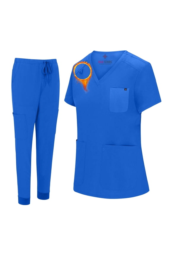 Women's Essential Jogger Scrub Set Nursing Uniform 10 Pockets Stretch Scrub Top and Pant (True Royal Blue, X-Large)