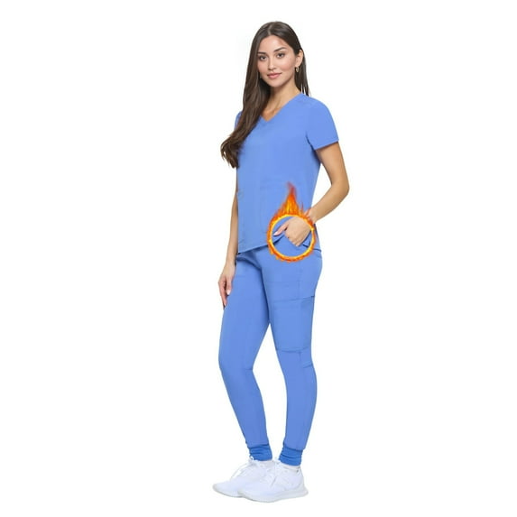 M&M SCRUBS Women's Essential Scrub Top and Pant Cool Stretch Jogger Scrub Set (X-Large, Ceil Blue)