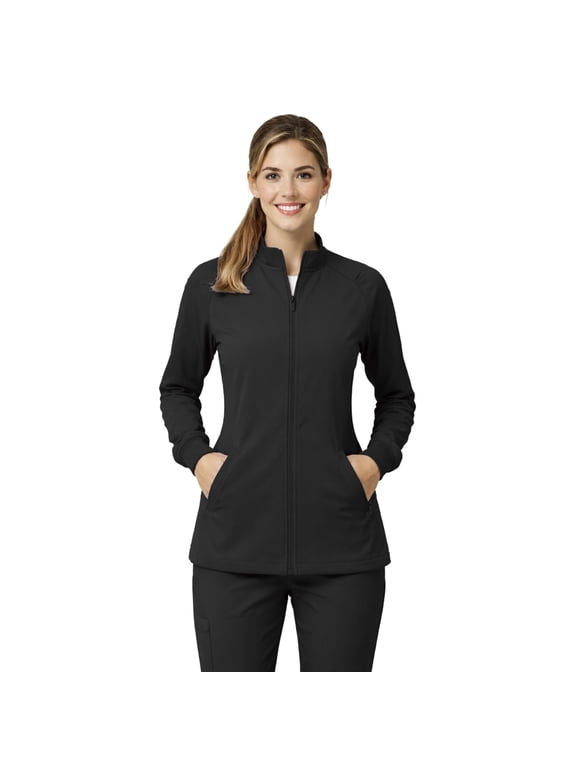 Women’s Full Zip Scrub Jacket – 4-Way Stretch Warm-Up Jacket with Stand Collar, Moisture-Wicking (Black, Small)