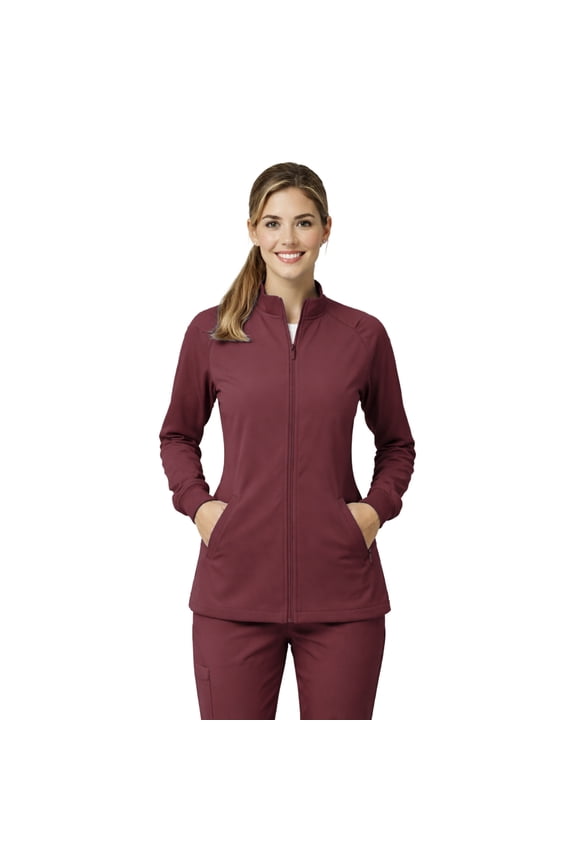 Women’s Full Zip Scrub Jacket – 4-Way Stretch Warm-Up Jacket with Stand Collar, Moisture-Wicking (Burgundy, X-Small)