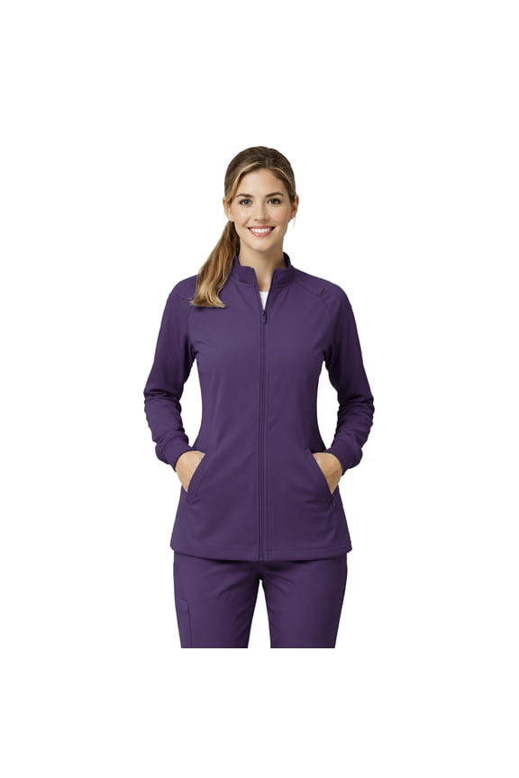 Women’s Full Zip Scrub Jacket – 4-Way Stretch Warm-Up Jacket with Stand Collar, Moisture-Wicking (Eggplant, Medium)