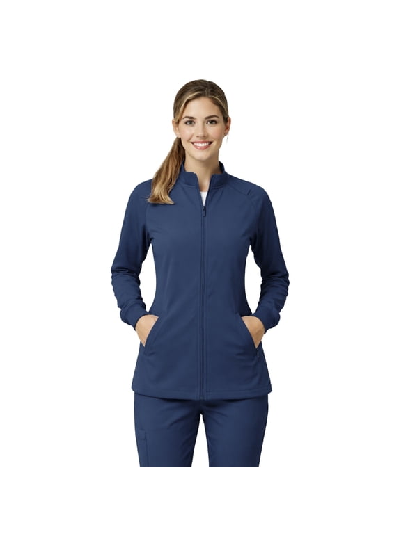 Women’s Full Zip Scrub Jacket – 4-Way Stretch Warm-Up Jacket with Stand Collar, Moisture-Wicking (True Navy Blue, Small)