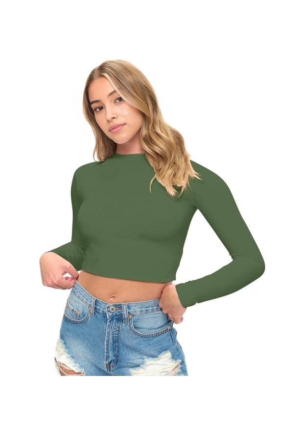 Women's Long Sleeve Crop Tops Buttery Soft Y2K Baby Tee Super Stretch Casual, Workout Shorts T-Shirts (Dill Green, X-Small)