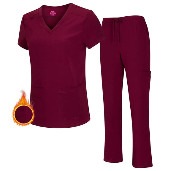 M&M SCRUBS Women's PETITE Scrub Set Breathable Cool Stretch Fabric Scrub Top and cargo Pant Set (Burgundy, Small-Petite)
