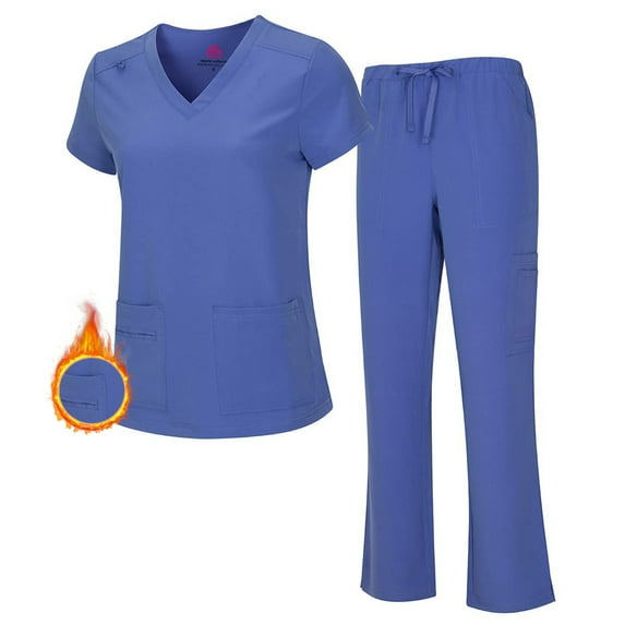 M&M SCRUBS Women's PETITE Scrub Set Breathable Cool Stretch Fabric Scrub Top and cargo Pant Set (Ceil Blue, X-Small-Petite)