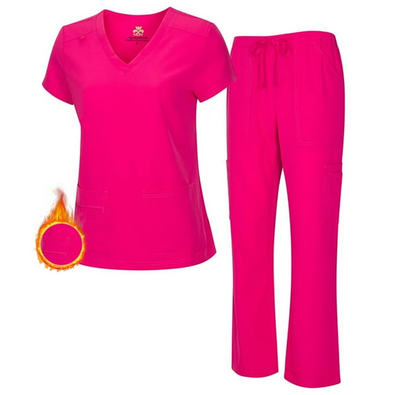 M&M SCRUBS Women's PETITE Scrub Set Breathable Cool Stretch Fabric Scrub Top and cargo Pant Set (Hot Pink, Medium-Petite)