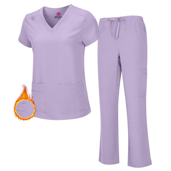 M&M SCRUBS Women's PETITE Scrub Set Breathable Cool Stretch Fabric Scrub Top and cargo Pant Set (Lavender, X-Small-Petite)