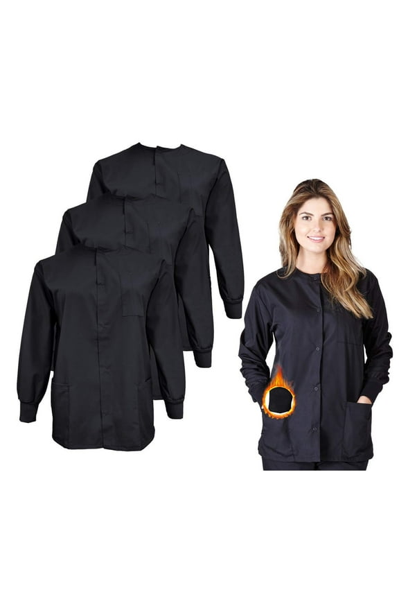 Women's Scrub Jacket Warm Up Lightweight Medical Scrub Jacket - Pack of 3 Set (Black, Medium)