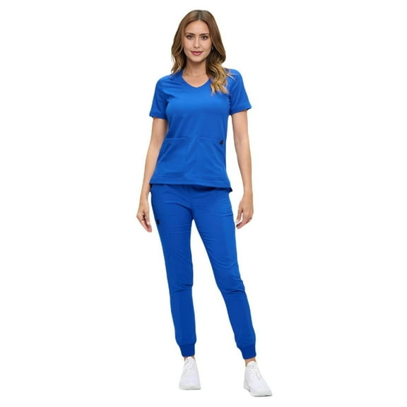 M&M SCRUBS Women’s Ultra-Soft Luxe Stretch Jogger Scrub Set V-Neck Top & Jogger Pants with Pockets - Regular & Petite Size (True Royal Blue, Small)