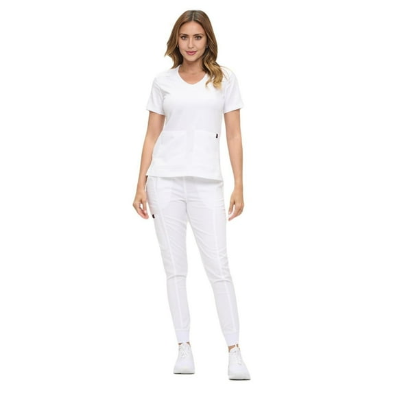 M&M SCRUBS Women’s Ultra-Soft Luxe Stretch Jogger Scrub Set V-Neck Top & Jogger Pants with Pockets - Regular & Petite Size (White, Large-Petite)
