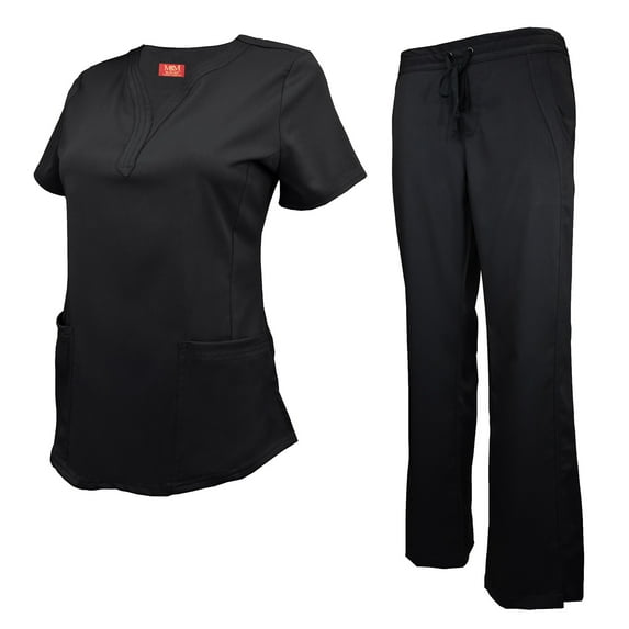 M&M SCRUBS Women's Ultra Soft Stretch Drop-Neck 2 Pocket Scrub Top and Pants 82009200 (Black, X-Small)