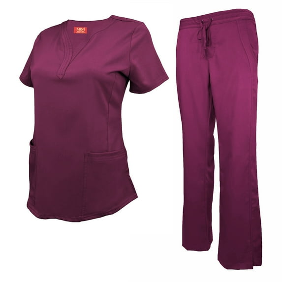 M&M SCRUBS Women's Ultra Soft Stretch Drop-Neck 2 Pocket Scrub Top and Pants 82009200 (Burgundy, X-Large)