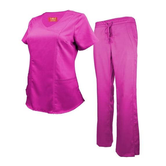 M&M SCRUBS Women's Ultra Soft Stretch Mock Wrap Scrub Top and Pants 82019200 (Hot Pink, Medium)