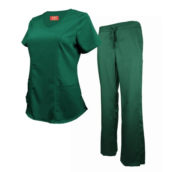 M&M SCRUBS Women's Ultra Soft Stretch Mock Wrap Scrub Top and Pants 82019200 (Hunter Green, Medium)