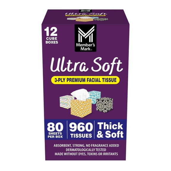 M M Ultra Soft 3-Ply Facial Tissues, 12 Cube Boxes, 80 tissues/box