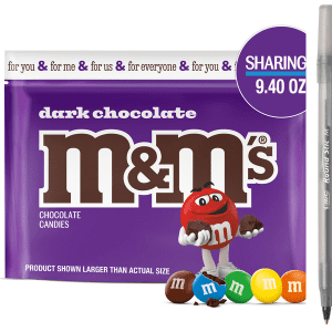 M&M's Dark Chocolate Candy Sharing Size with pen