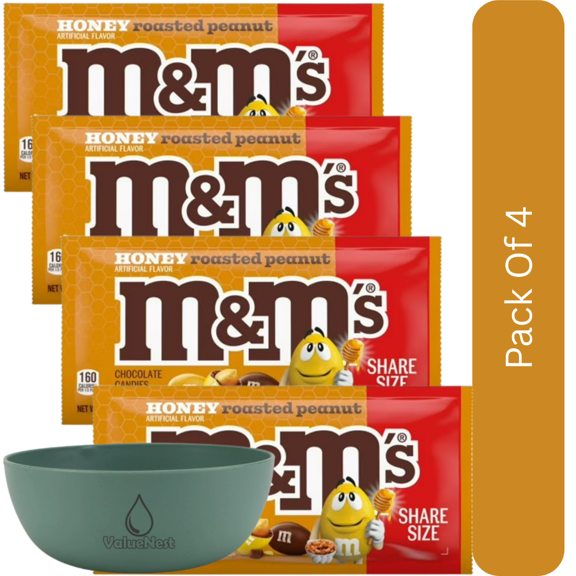 M&M's Honey Roasted Peanut Chocolate Candy, 3.27 oz Pack-4pk, With Olive Green Bowl By ValueNest