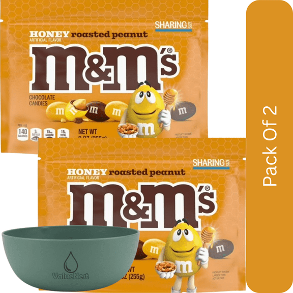 M&M's Honey Roasted Peanut Chocolate Candy, 9.0 oz Resealable Bag-2pk, With Olive Green Bowl By ValueNest