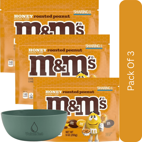 M&M's Honey Roasted Peanut Chocolate Candy, 9.0 oz Resealable Bag-3pk, With Olive Green Bowl By ValueNest