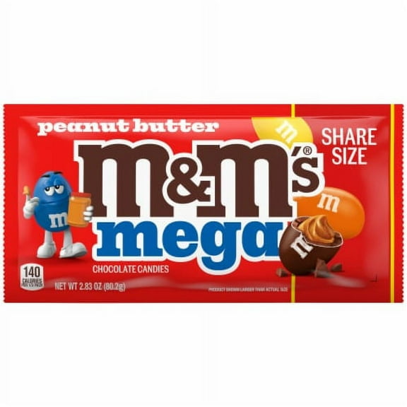 Pack of 2 - M&M'S Mega Peanut Butter Chocolate Candy Share Size Pack 2.83 oz