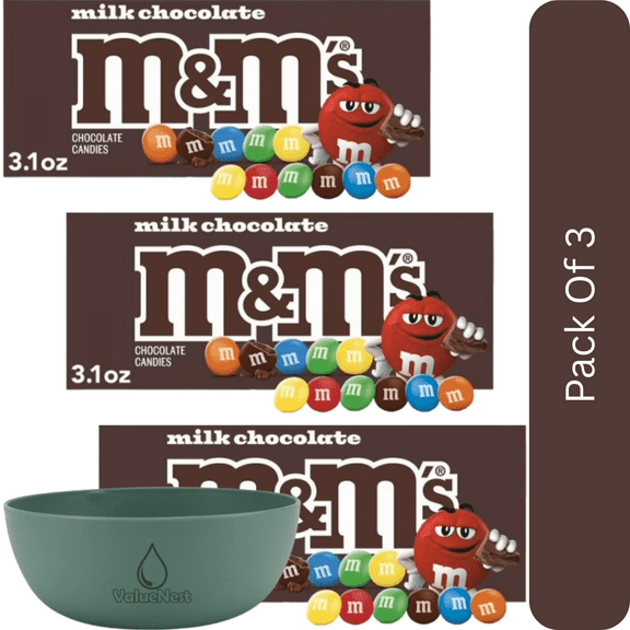 M&M's Milk Chocolate Candy Movie Theater Box, 3.1 oz-3pk, With Olive Green Bowl By ValueNest
