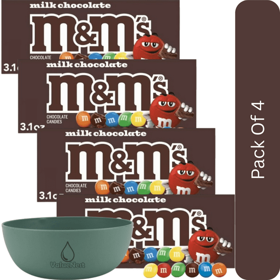 M&M's Milk Chocolate Candy Movie Theater Box, 3.1 oz-4pk, With Olive Green Bowl By ValueNest